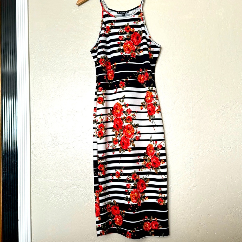 STRIPE FLORAL APRON NECK MIDI DRESS Size L